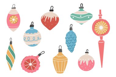 Hoş bir geçmişe dönük Noel süsü seti. Renkli yeni yıl süslemeleri. Beyazda izole edilmiş