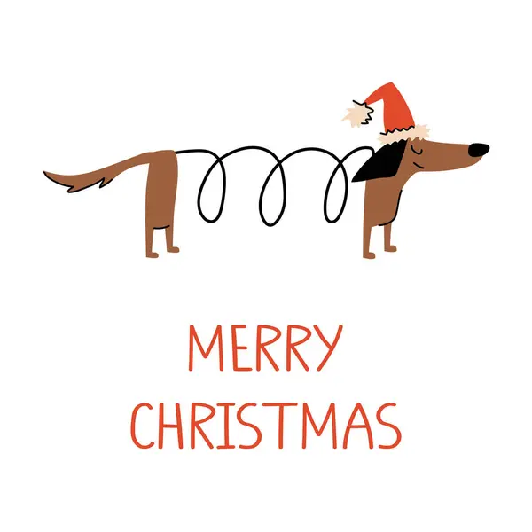 Karalama köpekli basit bir Noel kartı. Kırmızı şapkalı ve mesajlı şirin bir dachshund. Beyazda izole edilmiş.