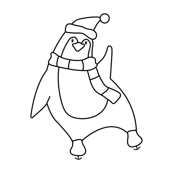 Noel penguenlerinin buz pateni giydiği eğlenceli bir boyama sayfası. Siyah ve beyaz eğlenceli kutup kuşu. Beyazda izole edilmiş