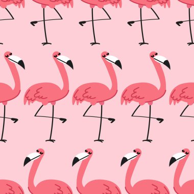 Şirin flamingo kuşlarıyla pembe pürüzsüz desen. Arka plan, tekstil, duvar kağıdı, ambalaj kağıdı, defter kapağı, fon şablonu. Eğlenceli tropikal baskı.