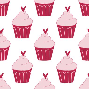 Saint Valentines Day seamless pattern with pink cupcakes. Banner, poster, background, wallpaper, wrapping paper, textile template. Cute print with cakes and hearts. clipart