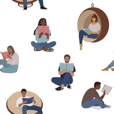 Farklı insanların okuduğu kusursuz desenler. Kitap okuyucuları olan modern bir baskı. Eğitim kavramı.