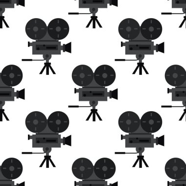 Tezgahında retro film kamerası olan kusursuz bir model. Film projektörü baskısı. Pankart, poster, kumaş, defter kapağı şablonu