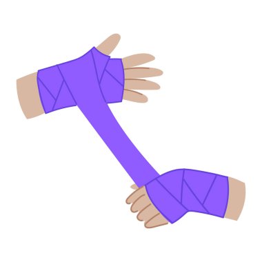 Mor boks sargıları olan ellerin çizimi. Koruyucu spor bandajları. Beyazda izole edilmiş