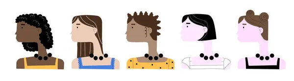 Çok kültürlü bir kadın grubunun çizimi. Bir çift kadın kafası. Beyazda izole edilmiş