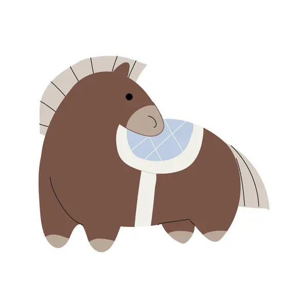 Mavi eğerli, kahverengi, tombul bir at. Eğlenceli evcil hayvan. Beyazda izole edilmiş