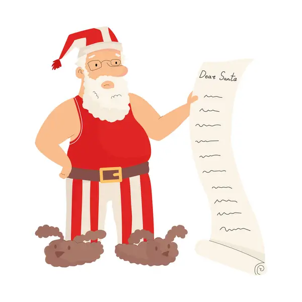 Noel Baba 'nın kırmızı beyaz çizgili pijamalarıyla gözlüklü ve rahat terlikleriyle eğlenceli bir Noel resmi. Uzun bir hediye listesi var ve endişeli görünüyor. Beyazda izole edilmiş