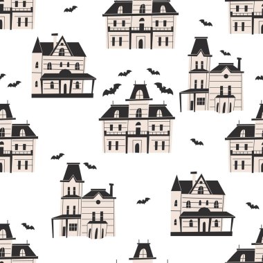 Ürkütücü gotik evi olan kusursuz bir desen. Siyah çatılı ve bej duvarlı klasik perili köşkler. Cadılar Bayramı geçmişi. Tekstil, defter kapağı, ambalaj kağıdı şablonu