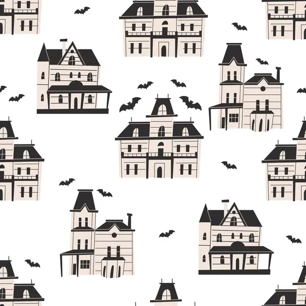 Ürkütücü gotik evi olan kusursuz bir desen. Siyah çatılı ve bej duvarlı klasik perili köşkler. Cadılar Bayramı geçmişi. Tekstil, defter kapağı, ambalaj kağıdı şablonu