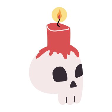 Üzerinde yanan bir mum olan basit bir kafatası çizimi. Eğlenceli Cadılar Bayramı baskısı. Beyazda izole edilmiş