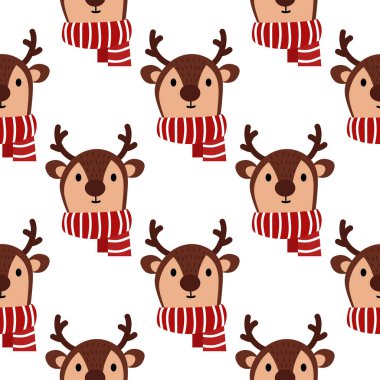 A cute Christmas seamless pattern with reindeers wearing striped scarf. Background, wallpaper, wrapping paper, fabric template