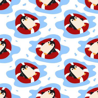 Kırmızı yaşam şamandırasında yüzen sevimli penguenlerle kusursuz bir desen. Duvar kağıdı, ambalaj kağıdı, kumaş, ambalaj, defter kapağı şablonu. Şirin xmas tasarımı