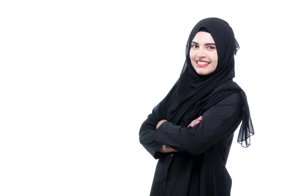 Eine Schöne Asiatische Muslimin Lächelt Auf Isoliertem Weißem Hintergrund Mit — Stockfoto