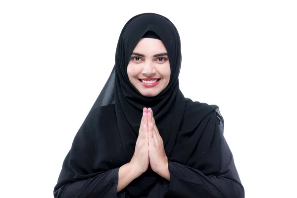 Uma Bela Mulher Muçulmana Asiática Olá Saudação Com Rosto Sorridente — Fotografia de Stock