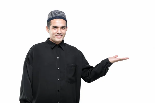 Portrait Asian Muslim Men Standing Showing Presenting Something Hand White — Stock Photo, Image