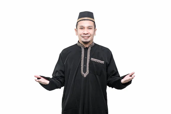 Handsome Asian Muslim Man Welcoming Greeting Smiling Face — Stock Photo, Image