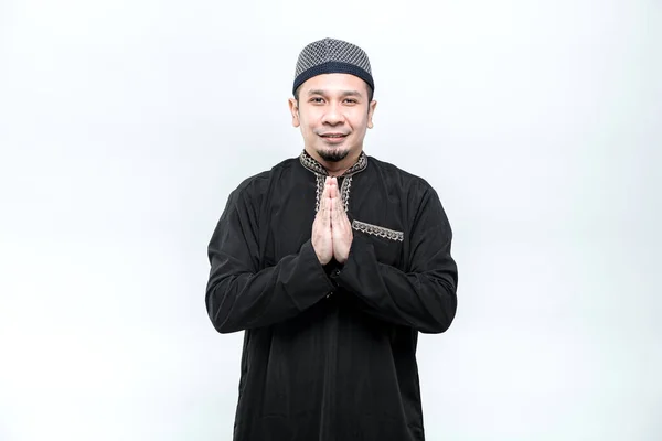 Asiatiska Muslimska Män Står Hej Hälsning Med Smiley Ansikte Vit — Stockfoto