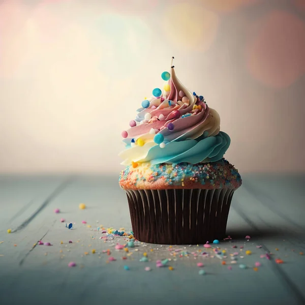 Pastel rainbow birthday cupcake with sparkle background