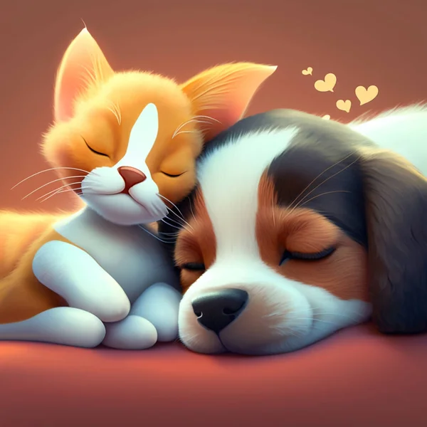 puppy hugs kitten. Pets sleep together