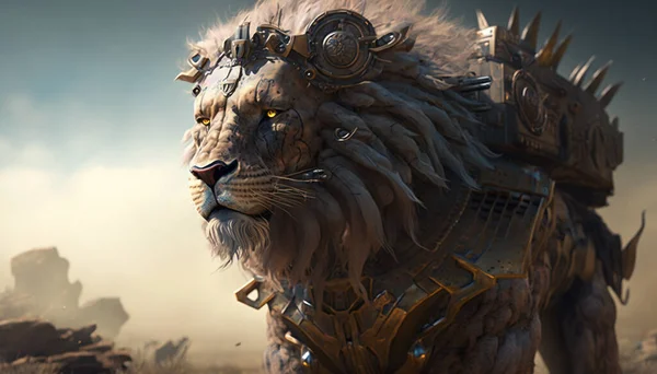 Mecha Lion Heads Above The Rest. close up Armored Mechanical Lion king on battlefield