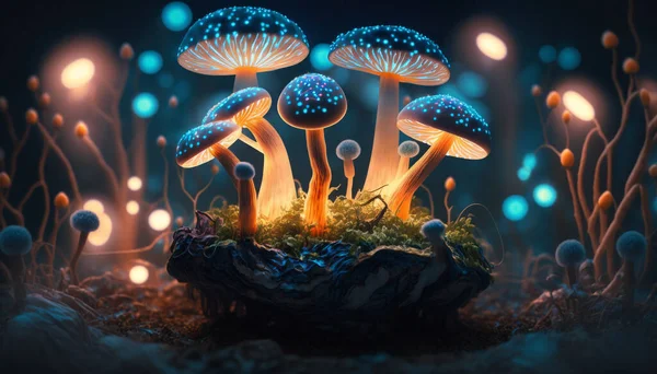 Glowing Mushrooms on the fantasy forest with blue orb. Glowing mushrooms in a dark forest growing on a stump