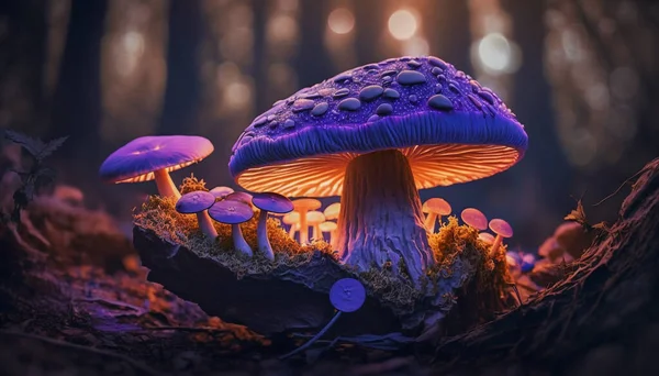 Magic forest. Glowing purple mushroom lamps with fireflies in magical forest