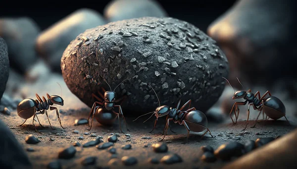 Cartoon ants colony working together. team of ants rolls stone uphill. teamwork concept