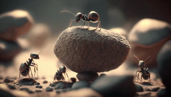Cartoon ants colony working together. ant moves stone uphill on mountain. teamwork concept