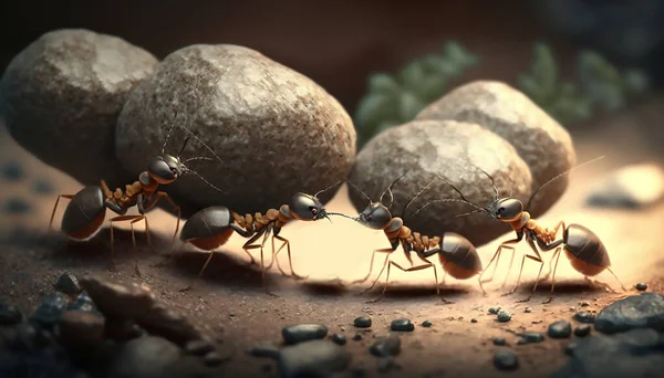 Cartoon ants colony working together. team of ants moving stone uphill. teamwork concept