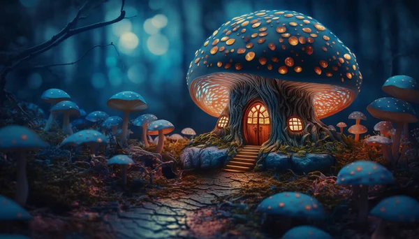 Fantasy forest with mushroom house fairy tale