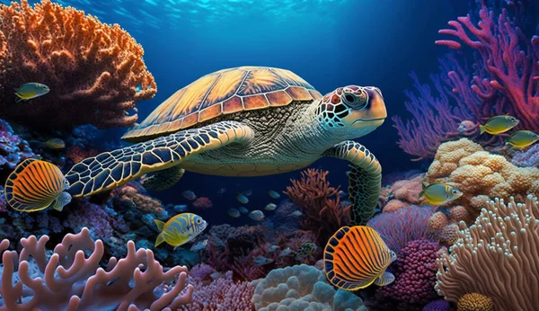 Beautiful Underwater Postcard. Sea Turtle Floating Up And Over Coral reef