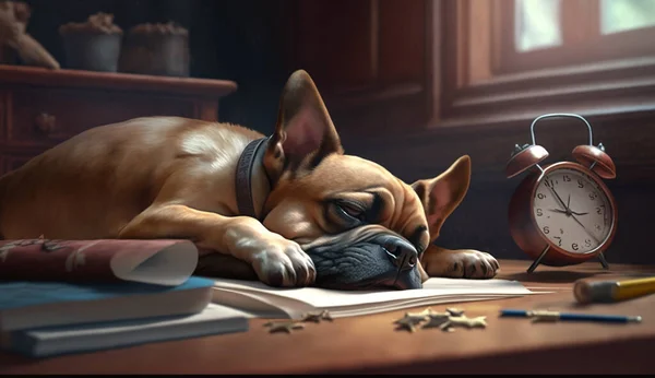 A Tired Dog asleep over the books