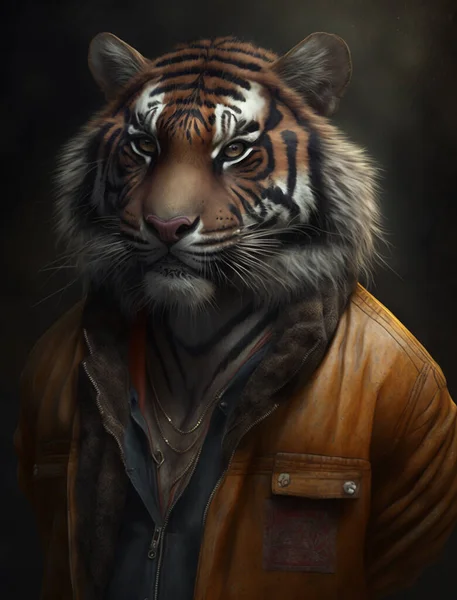 A man with a tiger head. Strict tiger in clothes