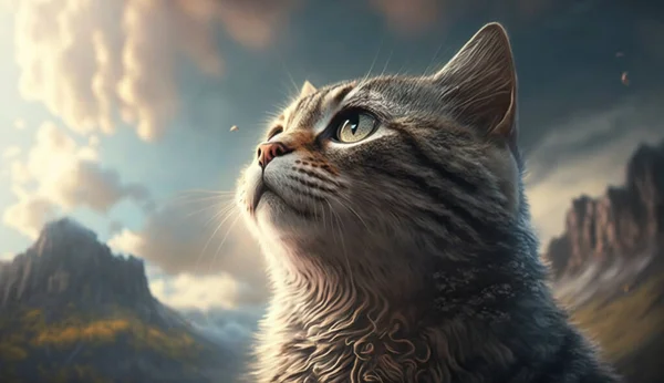 cat look at the sky on the fantasy world
