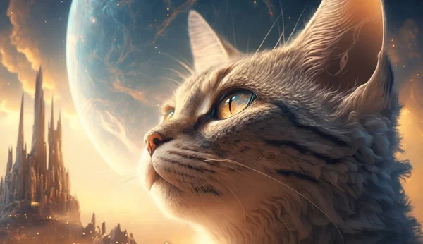 Cute Small Cat looking sky with fantasy sky background