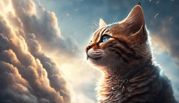 Little cat look at the sky on the fantasy sky background