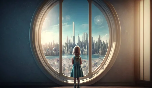 a little girl looking at the city of the future from behind the window