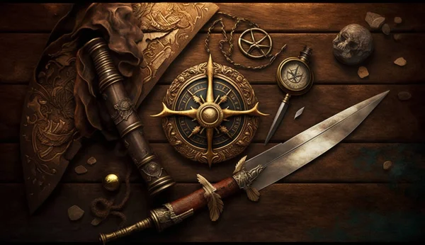 Ancient weapon on brown wooden table background with copy space. Gold coins, compass and knife. Pirate concept.
