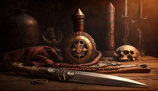 Ancient weapon on brown wooden table background with copy space