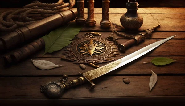 Ancient weapon on brown wooden table background with copy space. Gold coins, compass and sword. Pirate concept.