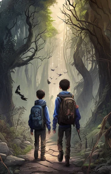 Boys on a forest road with backpacks look at the sky on the fantasy creepy world