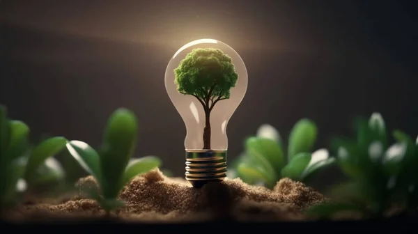 A tree grows in light bulbs, energy-saving and environmental concepts on Earth Day
