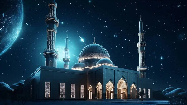 Ramadan background with crescent stars and glowing clouds above mosque