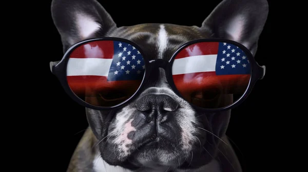 Cute dog with sunglasses and American flag on dark background