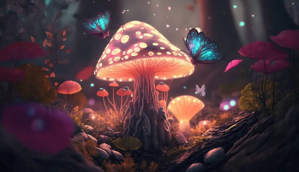 Fantasy Magical Mushrooms and Butterfly in enchanted Fairy Tale dreamy elf Forest