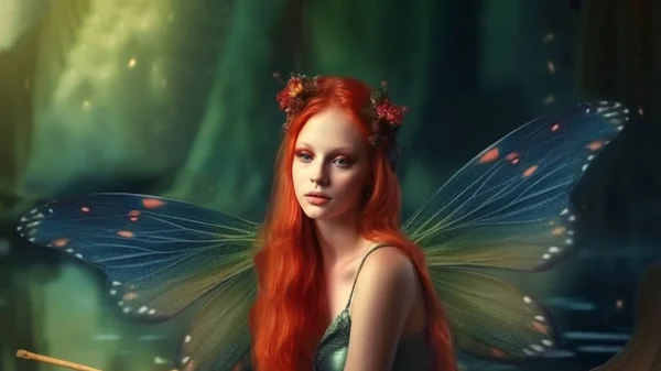 little fairy in green dress. fantastic shooting Forest nymph butterfly sits on a log