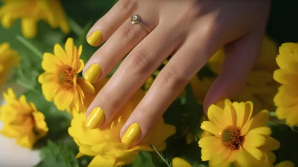 Female hands with yellow nail design.yellow nail polish manicured hands