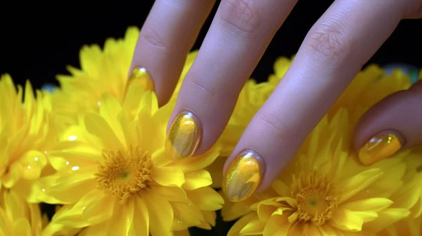 Beautiful female hands with gold bright manicure hold a yellow flower