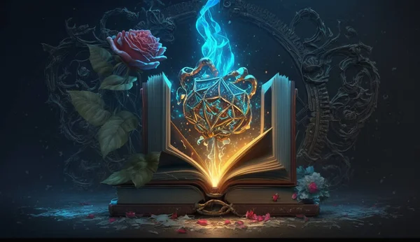 Fantasy magic dark background with a magic rose and old book