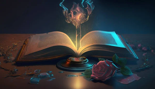 Fantasy magic dark background with a magic rose and an old book